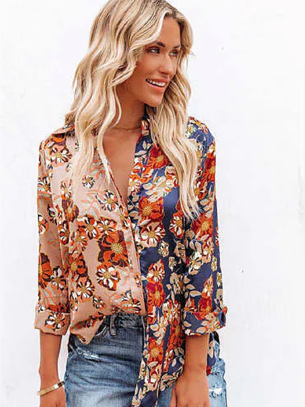 Vici Two-Tone Floral Button-Down Shirt - Peach & Navy